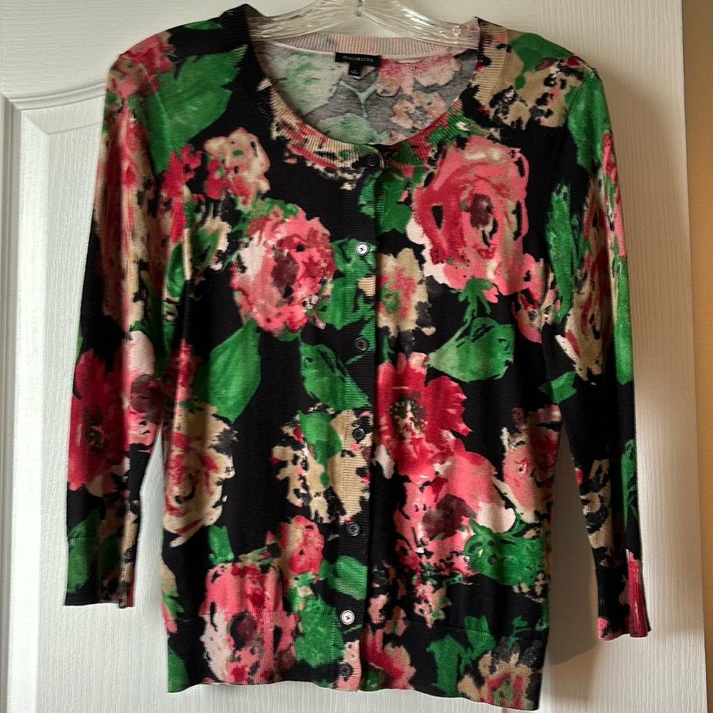 Talbots Black Floral Cardigan with Pink and Green Blooms